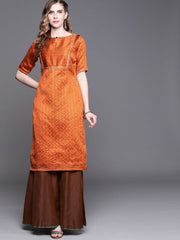 Orange Brocade Woven Kurta - Inddus.com