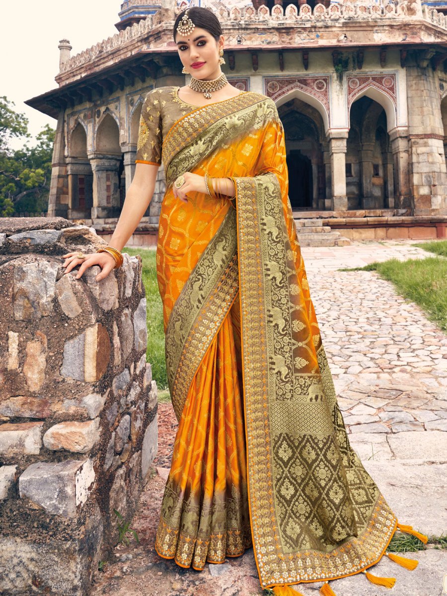 Orange Dola Silk Embroiderd Saree - Inddus.com