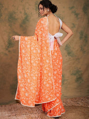 Orange Floral Printed Saree - Inddus.com