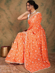 Orange Floral Printed Saree - Inddus.com