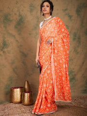 Orange Floral Printed Saree