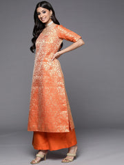 Orange & Gold-Toned Unstitched Dress Material - Inddus.com