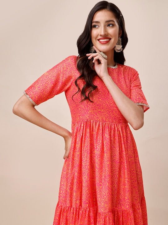 Orange & Pink Floral Printed Gotta Patti Tiered Kurta With Dupatta - Inddus.com
