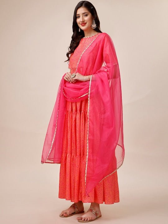 Orange & Pink Floral Printed Gotta Patti Tiered Kurta With Dupatta - Inddus.com