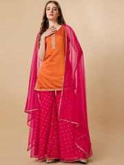 Orange Sequinned Chanderi Cotton Kurta & Sharara With Dupatta - Inddus.com