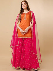 Orange Sequinned Chanderi Cotton Kurta & Sharara With Dupatta - Inddus.com