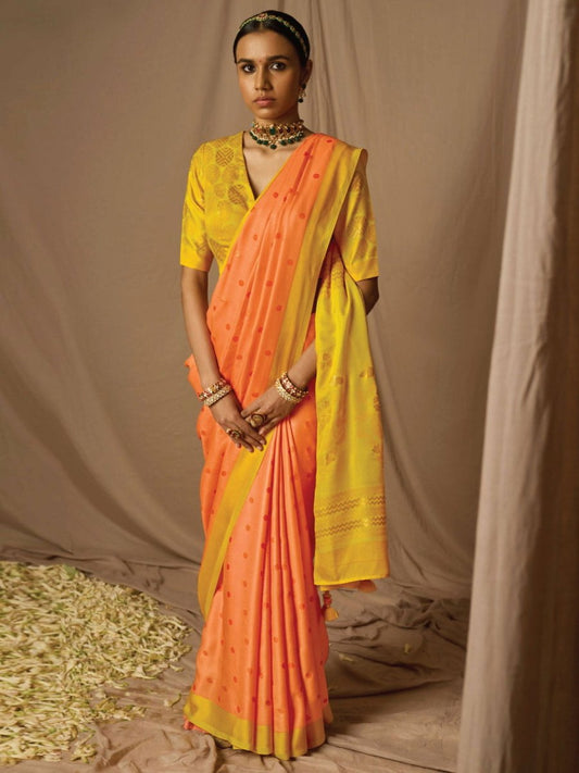 Orange Soft Silk Woven Design Saree - Inddus.com