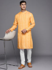 Orange Striped Kurta with Churidar - Inddus.com
