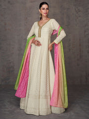 Outstanding Off White Partywear Anarkali-Suit - Inddus.com