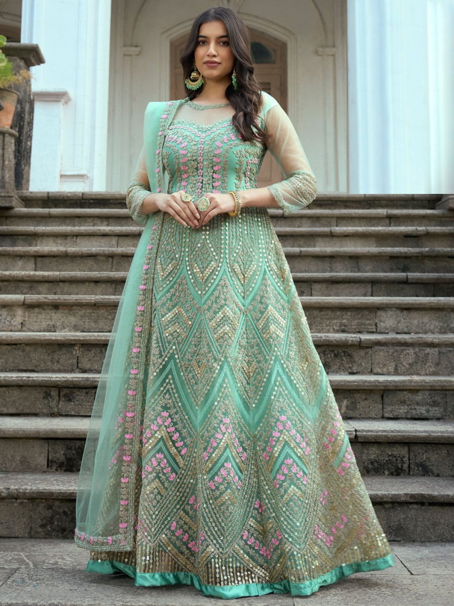Outstanding Sea Green Net Embroidered Festive Gown - Inddus.com