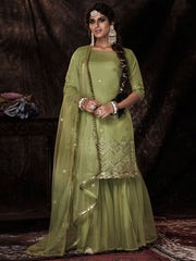 Parrot Green Net Embroidered Sharara-Style-Suit - Inddus.com
