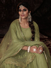 Parrot Green Net Embroidered Sharara-Style-Suit - Inddus.com