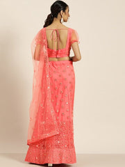 Peach-Coloured Embroidered Beads and Stones Semi-Stitched Lehenga & Unstitched Blouse With Dupatta - Inddus.com