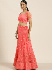 Peach-Coloured Embroidered Beads and Stones Semi-Stitched Lehenga & Unstitched Blouse With Dupatta - Inddus.com
