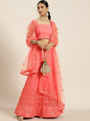 Peach-Coloured Embroidered Beads and Stones Semi-Stitched Lehenga & Unstitched Blouse With Dupatta - Inddus.com