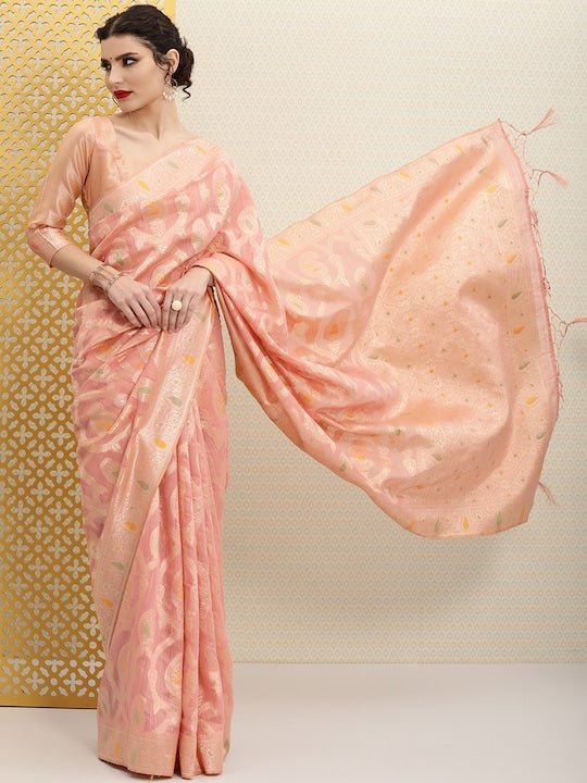 Peach-Coloured & Golden Paisley Woven Design Jashn Saree - Inddus.com