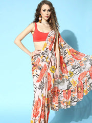 Peach-Coloured & Orange Floral Print Ruffled Ready to Wear Saree - Inddus.com