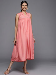 Peach-Coloured Solid Lace Detail Midi Fit & Flare Dress - Inddus.com