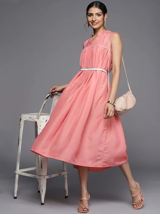 Peach-Coloured Solid Lace Detail Midi Fit & Flare Dress - Inddus.com