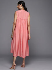 Peach-Coloured Solid Lace Detail Midi Fit & Flare Dress - Inddus.com