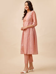 Peach-Coloured Striped Pleated A-Line Kurta With Trousers - Inddus.com