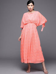 Peach-Coloured & White Georgette Ethnic Kaftan Maxi Dress - Inddus.com