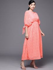 Peach-Coloured & White Georgette Ethnic Kaftan Maxi Dress - Inddus.com