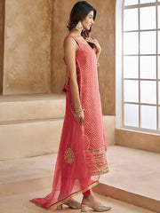 Peach-Coloured Woven Design Thread Work Straight Kurta & Trousers With Dupatta - Inddus.com