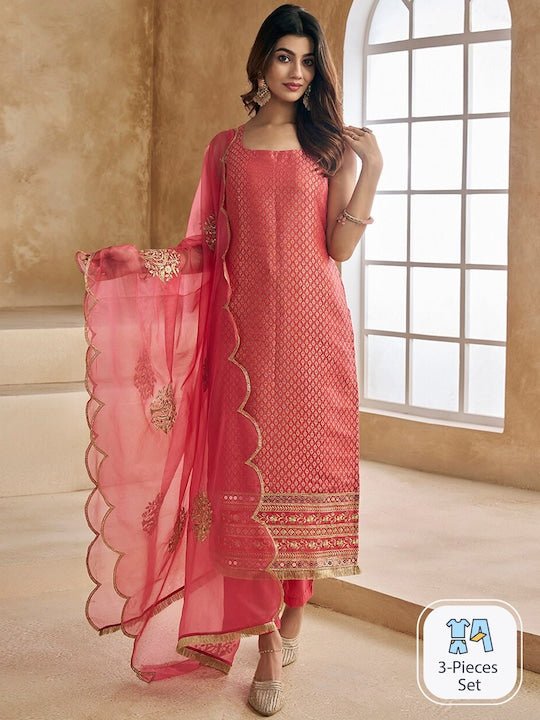 Peach-Coloured Woven Design Thread Work Straight Kurta & Trousers With Dupatta - Inddus.com