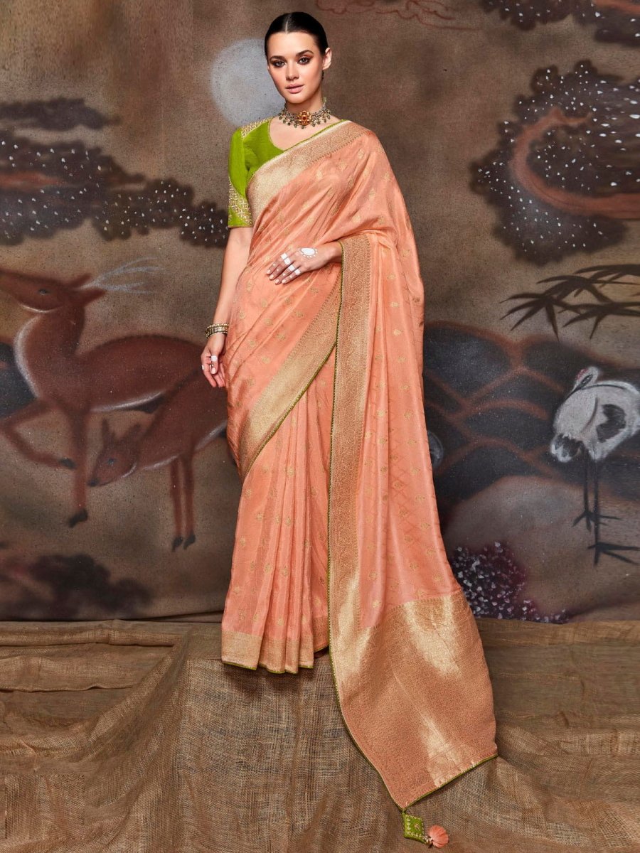 Peach Dola Silk Embroidery Saree - Inddus.com