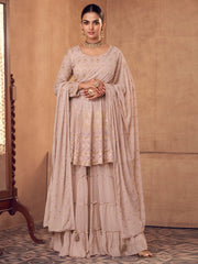 Peach Embroidered Partywear Sharara Style Suit - Inddus.com