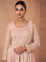 Peach Embroidered Partywear Sharara Style Suit - Inddus.com