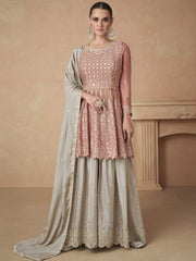 Peach Embroidered Wedding Wear Sharara-Style-Suit - Inddus.com
