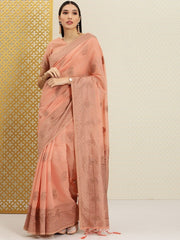 Peach Ethnic Motifs Zari Woven Embellished Saree - Inddus.com