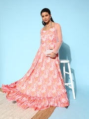 Peach Floral Printed Ruffled Gown with Net Jacket - Inddus.com