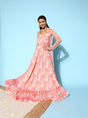 Peach Floral Printed Ruffled Gown with Net Jacket - Inddus.com