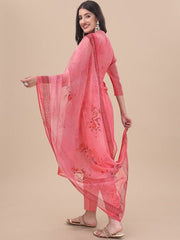 Peach Floral Printed Thread Work Detail Straight Kurta & Trousers With Dupatta - Inddus.com