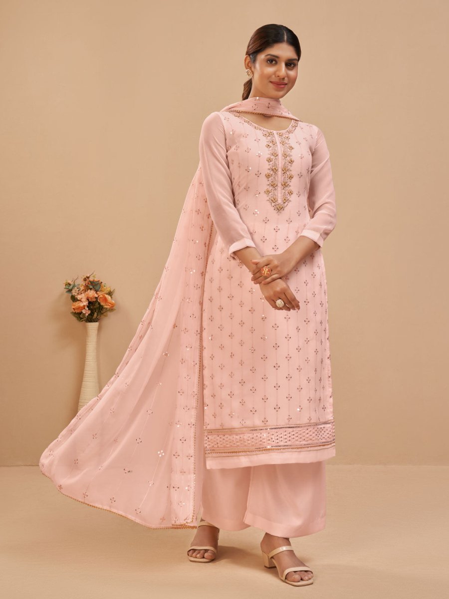 Peach Georgette Embroidered Festive Palazzo Suit - Inddus.com