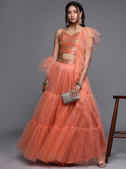 Peach Layered SemiStitched Lehenga with Brocade Blouse and Ruffled Net Dupatta - inddus-us