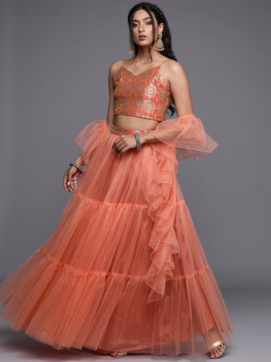 Peach Layered SemiStitched Lehenga with Brocade Blouse and Ruffled Net Dupatta - inddus-us