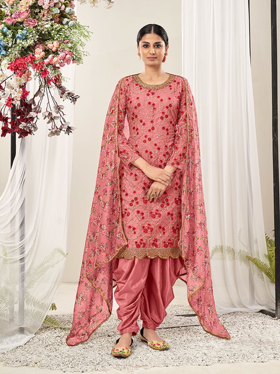 Peach Net Embroidered Partywear Patiala-Suit - Inddus.com