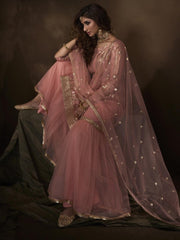 Peach Net Embroidered Partywear Sharara Suit - inddus-us
