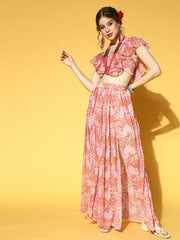 Peach Pink Chiffon Floral Printed Top & Skirt Co-ords Set - Inddus.com