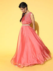 Peach Pink Flared Party Gown with Belt - Inddus.com