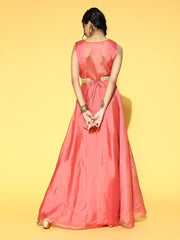 Peach Pink Flared Party Gown with Belt - Inddus.com