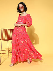 Peach Pink Floral Printed Fit and Flared Gown with Embellished Belt - Inddus.com