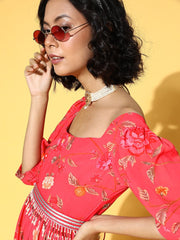 Peach Pink Floral Printed Fit and Flared Gown with Embellished Belt - Inddus.com