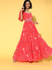 Peach Pink Floral Printed Fit and Flared Gown with Embellished Belt - Inddus.com