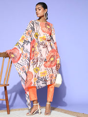 Peach Poly Georgette Romantic Florals Kurta Set - Inddus.com