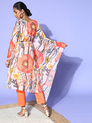 Peach Poly Georgette Romantic Florals Kurta Set - Inddus.com